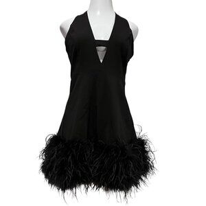 Akira Noel Halter Deep V Feather Trim Mini Dress, Black, XL